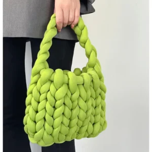 Chunky Knit Handbag - Hand-Woven Thick Yarn Tote Bag with Top Handle